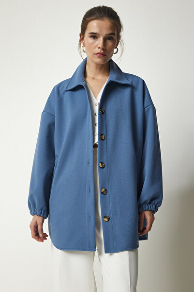 Happiness İstanbul Női indigókék gombos túlméretes ingdzseki zsebekkel DD01263