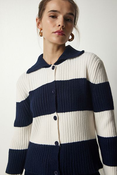 Happiness İstanbul Women's Navy Blue Cream Polo Collar Buttoned Knit Cardigan US00916
