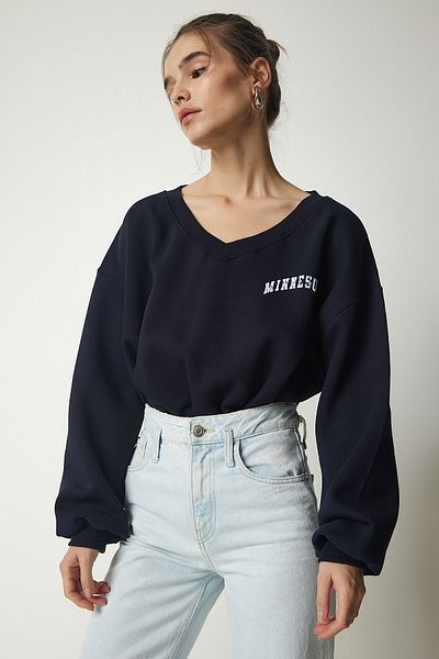 Happiness İstanbul Marineblaues Oversize-Sweatshirt mit V-Ausschnitt und kurzem Schnitt für Damen MC00239
