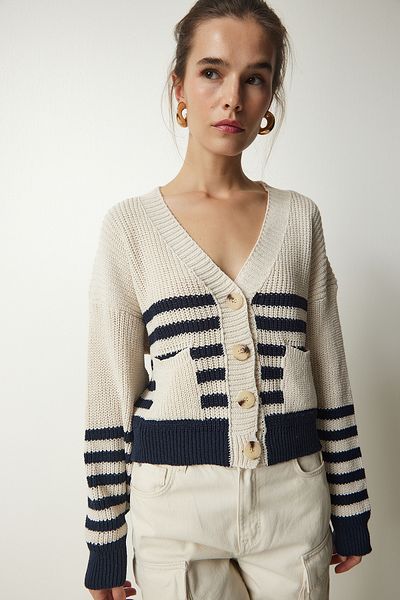 Happiness İstanbul Women's Beige Navy Blue Striped Knit Cardigan MC00237