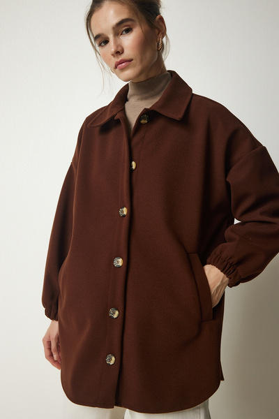 Happiness İstanbul Dámska hnedá oversize košeľová bunda s gombíkmi a vreckami DD01263