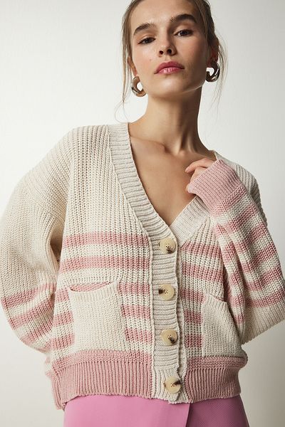 Happiness İstanbul Beigefarbene Strickjacke mit Puderstreifen für Damen MC00237