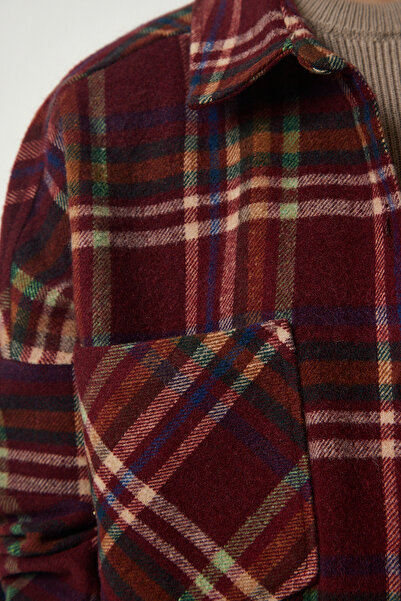 Happiness İstanbul Γυναικείο πουκάμισο Ξυλοκόπος Oversize με μπορντό σχέδιο TU00034