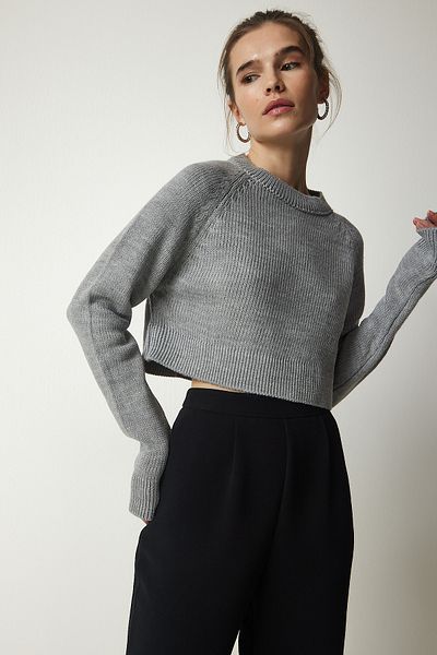 Happiness İstanbul Women's Gray Crew Neck Crop Knitwear Sweatshirt MC00240