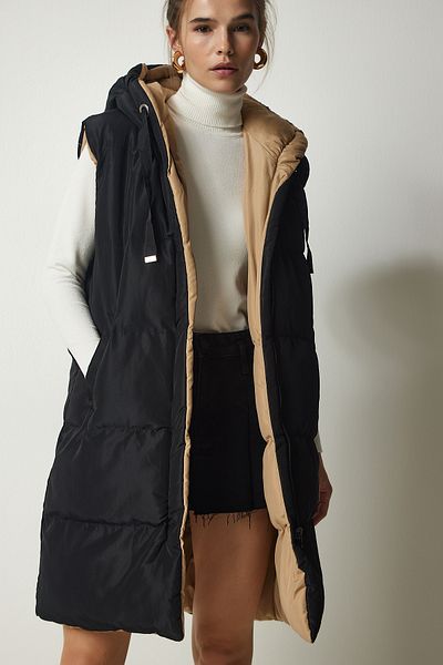 Happiness İstanbul Women's Black Beige Hooded Long Puffer Vest VP00002