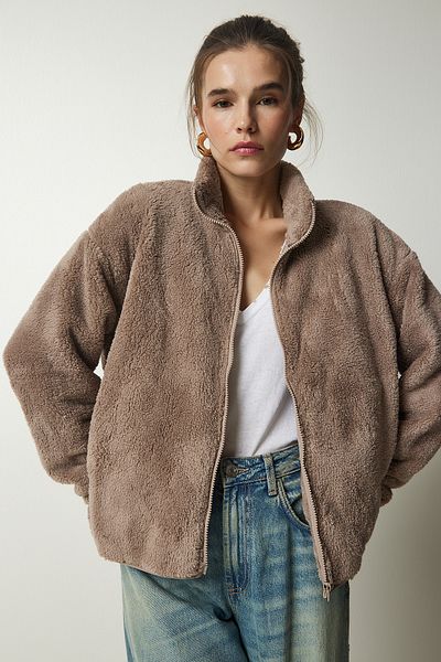 Happiness İstanbul Women's Dark Beige Zippered Plush Cardigan UB00196
