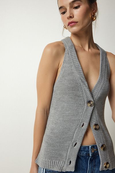 Happiness İstanbul Graue Strickweste mit Neckholderkragen und Knopfleiste für Damen YY00179