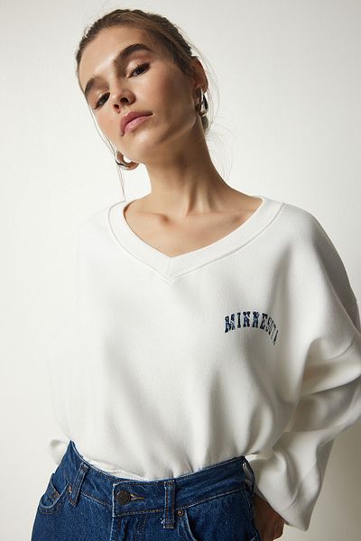 Happiness İstanbul Kurzes, gestricktes Sweatshirt mit V-Ausschnitt für Damen in Ecru MC00239