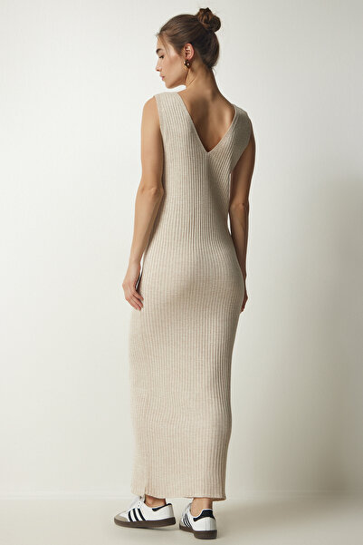 Happiness İstanbul Női bézs színű kötött kötött pulóver ruha KG00006