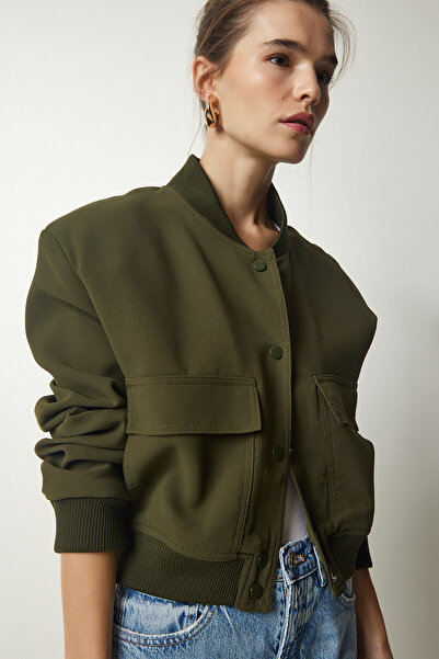 Happiness İstanbul Dámská khaki bunda Wide Pocket Bomber Jacket FN03041