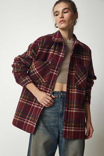 Happiness İstanbul Cămașă oversize cașmir pentru femei cu model burgundă TU00034