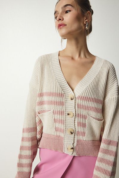 Happiness İstanbul Beigefarbene Strickjacke mit Puderstreifen für Damen MC00237