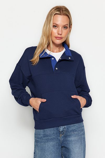 Trendyol Collection Navy Blue Regular/Normal Fit Snap Detailed Stand Collar Thick Knitted Sweatshirt TWOAW24SW00040