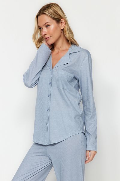 Trendyol Collection Set pijama tricotată albastră - 100% bumbac, Gingham THMAW24PT00247