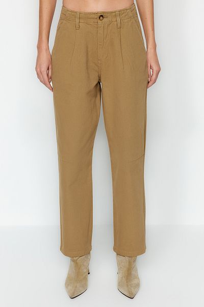 Trendyol Collection High Waist Camel Pleated Straight Jeans - Brown Twoaw24Je00191