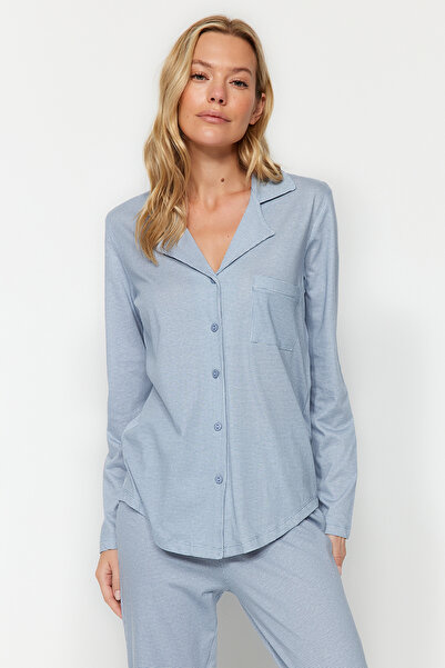 Trendyol Collection Set pijama tricotată albastră - 100% bumbac, Gingham THMAW24PT00247