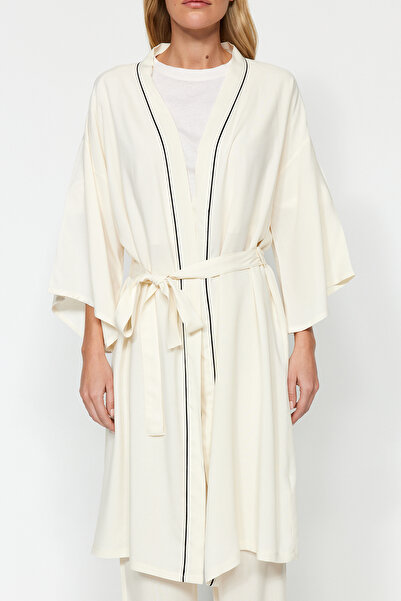 Trendyol Collection Béžový 2dílný viskózový žebrovaný župan-spodky pyžama Tkaná sada pyžama THMAW24PT00074