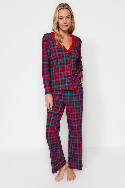 Trendyol Collection Premium Red 100% Cotton Plaid Shirt-Pants Knitted Pajamas Set Thmaw24Pt00226