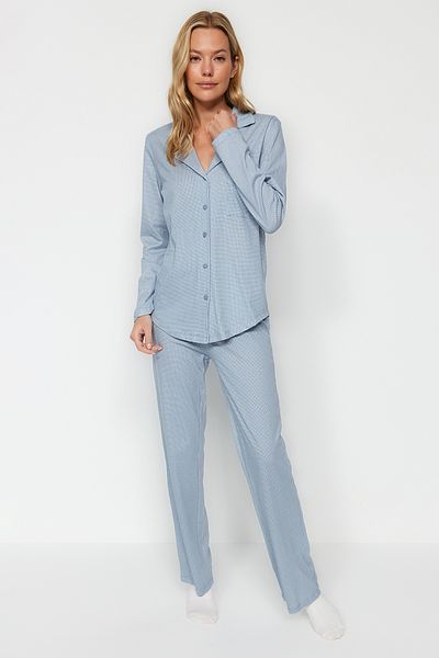 Trendyol Collection Set pijama tricotată albastră - 100% bumbac, Gingham THMAW24PT00247