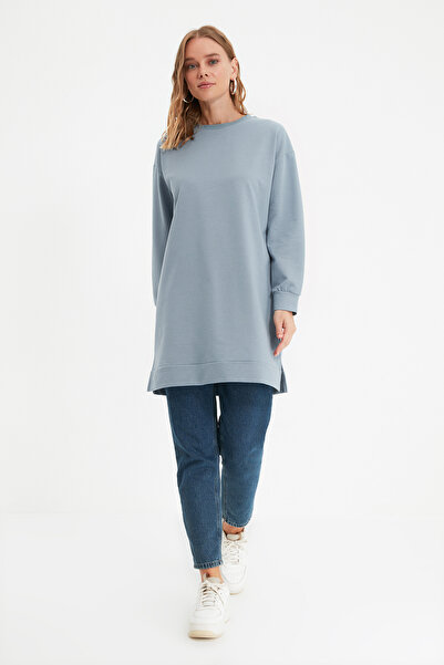 Trendyol Modest Pletená mikina Crew Neck Slit Šedá Modrá - TCTAW22TW0138
