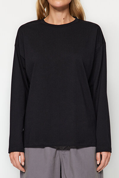 Trendyol Collection Černé 100% silné bavlněné tričko Basic Crew Neck Oversize/Široký střih pletené tričko TWOAW24TS00013