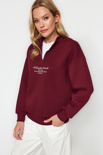 Trendyol Collection Claret Red Thick Fleece Uvnitř Stojáček na zip Oversize/Wide Fit Pletená mikina TWOAW24SW00127
