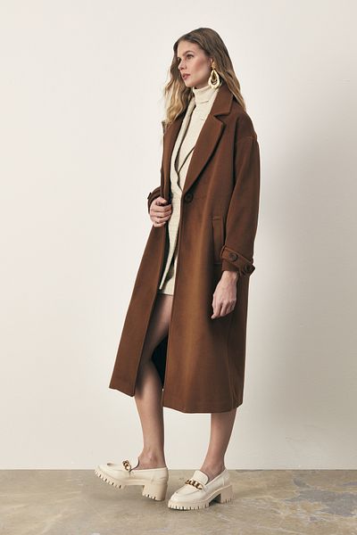 Sateen Sleeve Belt Detailed Loose Coat - Brown