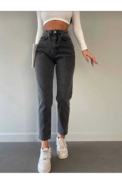 geenz manifacture Blugi Mom din Lycra cu talie înaltă Zaha Gri închis la zăpadă