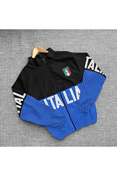 Mhm Unisex Paraşüt Kumaş İTALİA Bakskılı Oversize Baskılı Mavi Rüzgarlık