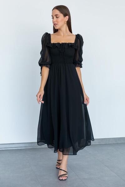 vuvutasarım Šifonová tkanina nařasená elastická, krátký rukáv, střední délka čtvercový límec, černé večerní šaty z šifonu 087