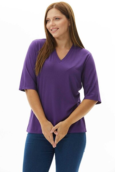 Selen Giyim Büyük Beden V Yaka Çizgili Penye Bluz