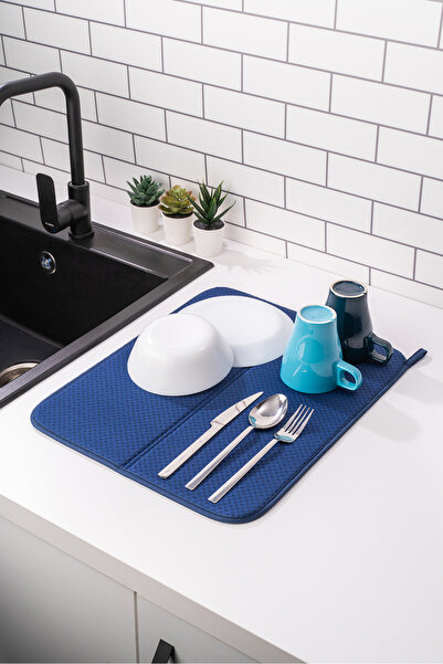 HOMELKA Mikrotex Bulaşık Matı Süper Emici Bulaşık Kurutma Matı 45x36cm Tezgah Üstü Bulaşık Matı Lacivert