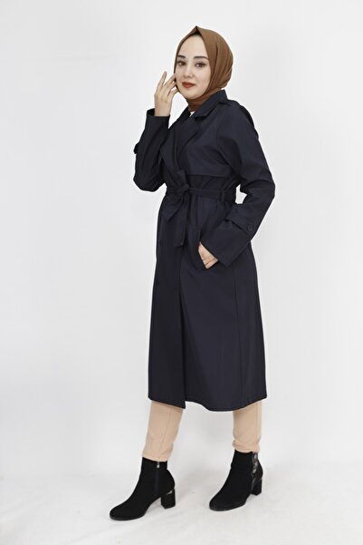 Butik Bondet Kumaş Beli Bağlamalı Orta Boy Trençkot