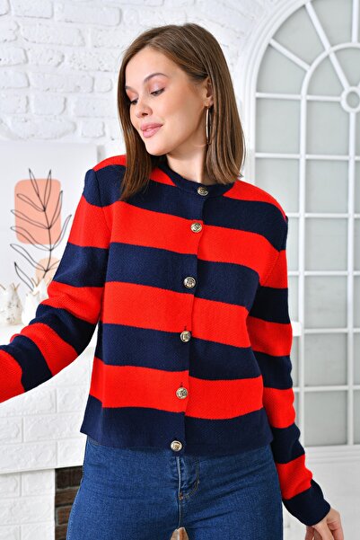 VOLT CLOTHİNG Kadın Kalın Çizgili Triko Hırka