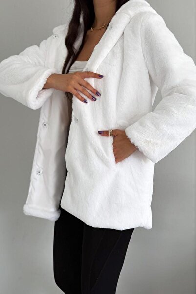 FEMELLE Women's White Lined First Quality Plush Hooded Fur Coat Coat