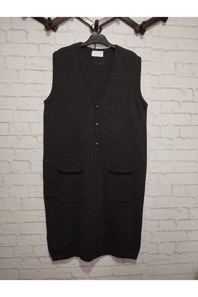 anne moda ankara winter, 1st quality steel, acrylic knitted, 2 pockets, 3 buttons, V-neck extra long knitwear vest
