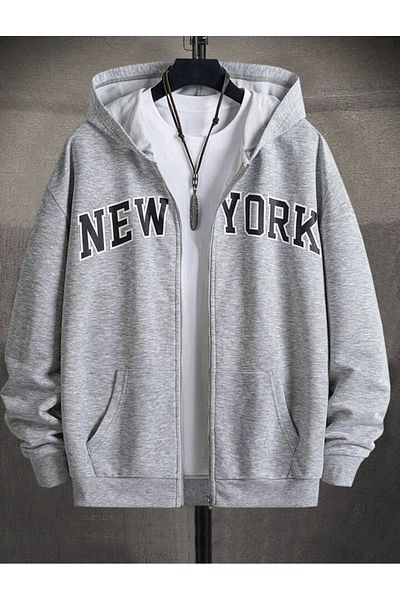 BYMEER Unisex Gray New York Printed Zippered Sweat Cardigan