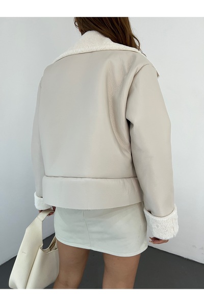 LB Laluna Butik Női motoros bőrdzseki gallérral és mandzsetta részlettel, belső szőrmével