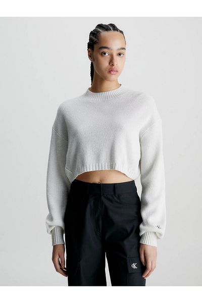 Calvin Klein Sweter damski bawełniany z okrągłym dekoltem i logo marki w kolorze ecru J20J221962-YBI