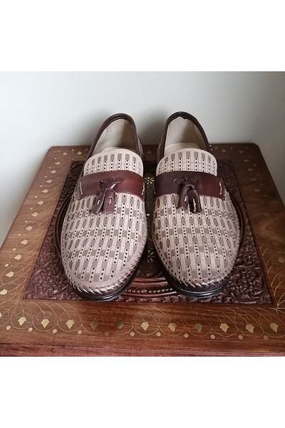 Butik Tülin Unisex genuine leather nubuck beige coffee printed perforated pom pom very soft non-slip rubber sole loafer