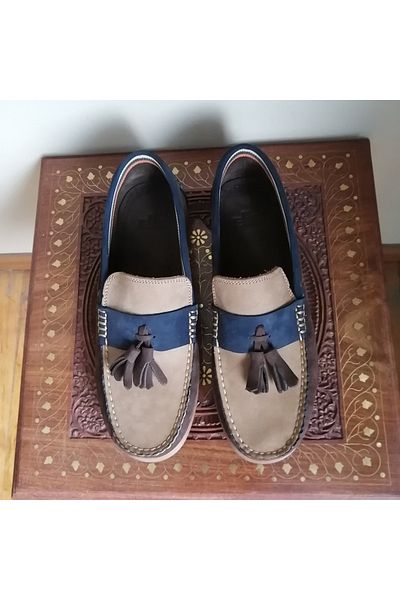 Butik Tülin Unisex genuine leather nubuck coffee beige dark blue combination banded pom pom very soft rubber sole loafer