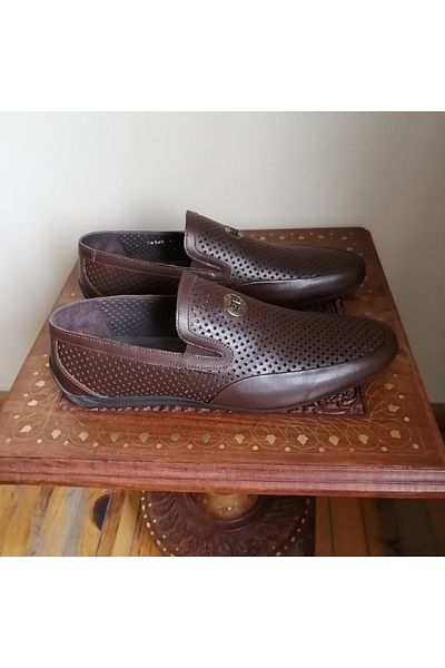 Butik Tülin Unisex genuine leather coffee punch hole airy sides rubberized hard thin puree rubber sole loafer