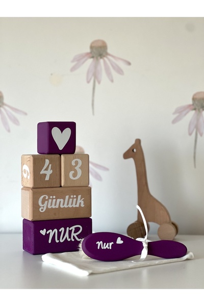 mogokids Renkli anne bebek anı küpü lila beyaz yazılı set bebek saç tarağı is...