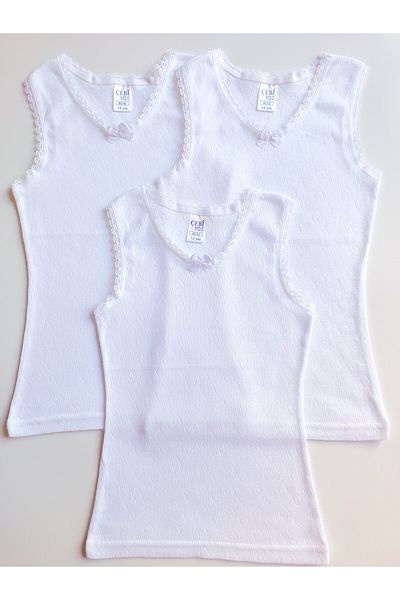 ÇebiKids Girl's 100% Cotton White Jacquard Thick Strap Undershirt 3-pack