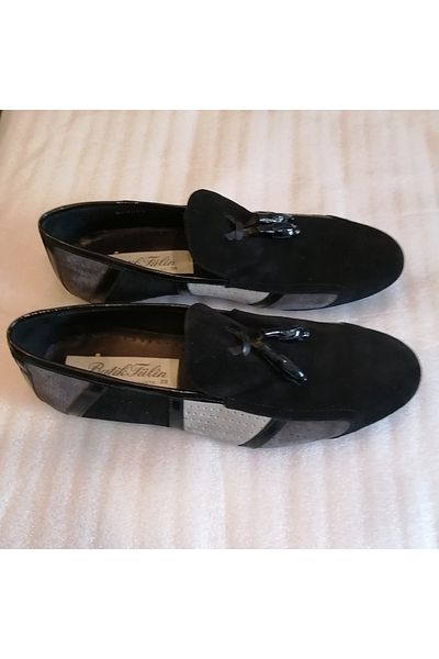 Butik Tülin Unisex Genuine Leather Suede Black Gray Combination Pompom Multi Soft Rubber Sole Loafer Shoes