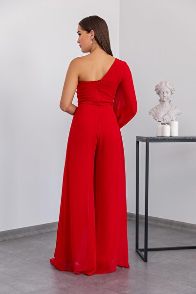 lovebox Chiffon Sash Detailed Chest Padded Draped Wide Leg Lined One Sleeve Red Evening Dress 1336