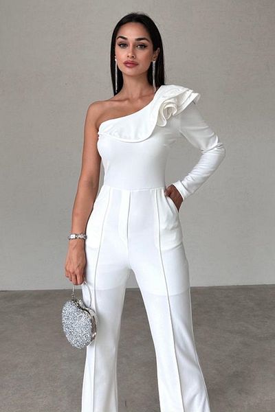 lovebox Shorts Lined Flounce Detailed Asymmetric Collar Side Pocket Single Sleeve White Evening Dress 159