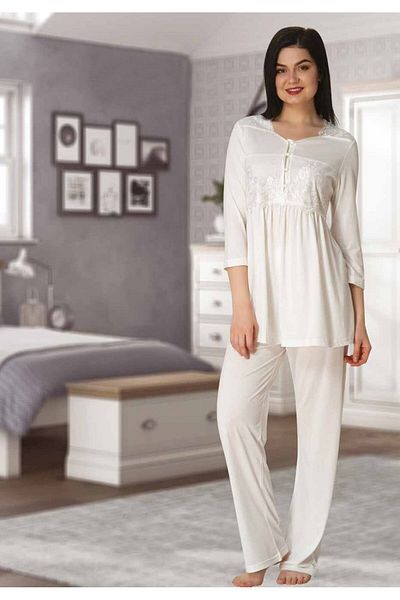 BLACKMORE Women's Ecru Ornate Lace Detailed Maternity Pajama Set
