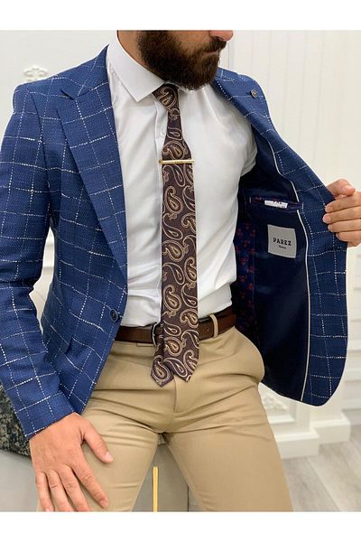 LONATOLİA Men's Square Plaid Italian Cut Slim Fit Jacket