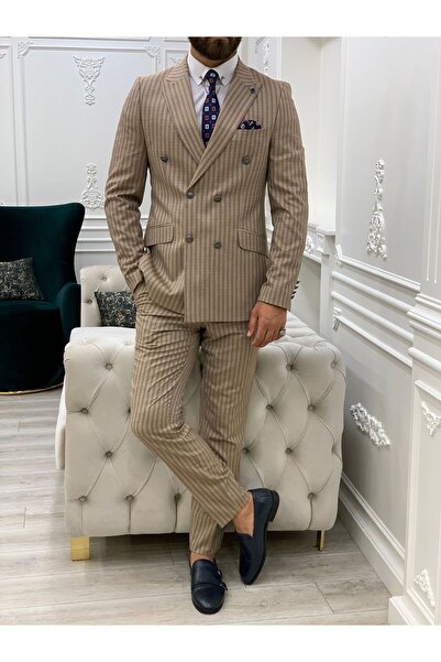 LONATOLİA Erkek Kruvaze Takım Elbise Kırlangıç Yaka İtalyan Kesim Slim Fit Ce...